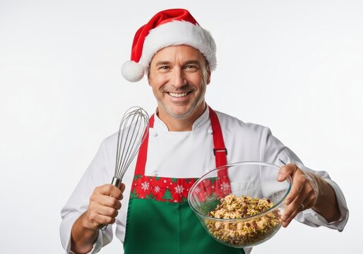 Smiling chef in Santa hat and apron holding a whisk and a bowl of Christmas stuffing