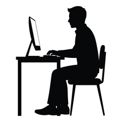 Man silhouette working at computer desk, typing on keyboard, focused on screen, symbolizing office productivity, remote work, technology, and online communication