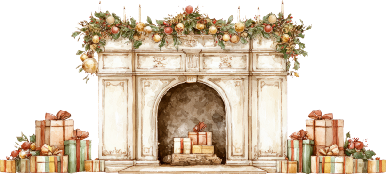 Festive fireplace holiday mantel gift box wreath candlelight glow winter cozy scene