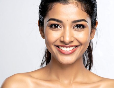 Portrait of a smiling dark-haired young woman with glowing skin and a bindi on her forehead, against a white backdrop