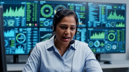 Smiling Businesswoman Talking During Video Call in Control Room - Powered by Adobe