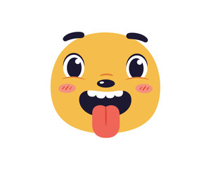 A funny and expressive cartoon yellow emoji face with wide open eyes and a large tongue sticking out in a playful gesture