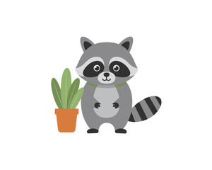 Adorable cartoon raccoon standing next to a potted succulent plant with a white background illustration
