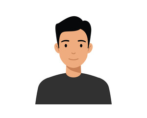 Stylized cartoon illustration of a young man with dark hair and a black t shirt against a white background