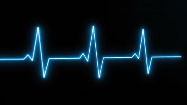 A bright blue glowing EKG waveform displaying a regular heartbeat (QRS complex) pulses across a black screen, symbolizing life, health monitoring, medicine, and emergency vital signs data.