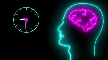 Neon Glowing Brain and Human head profile with  thinking,  Clock Symbolizing Time Management and Mental Productivity. - Powered by Adobe