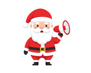 Cheerful santa claus character wearing his iconic red suit and hat holding a megaphone announcing holiday cheer and christmas greetings