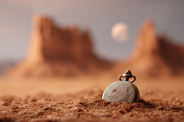 Lost time concept. Vintage pocket watch halfburied in desert sand, mountains blurred in background. Evokes nostalgia, timelessness, fleeting moments. Editorial, symbolic uses.
