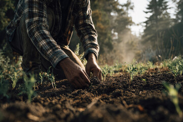Person planting young seedlings in soil at sunset on an organic farm