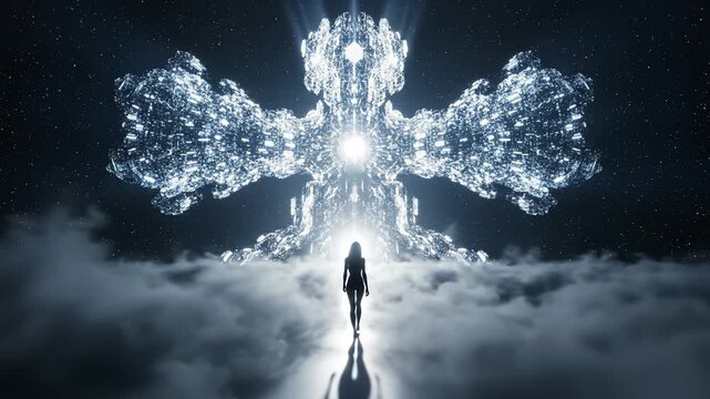Woman Walking Towards an Abstract Celestial Object in the Night Sky