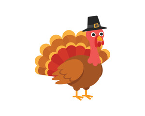 Cartoon thanksgiving turkey wearing a pilgrim hat standing proudly with its feathers displayed