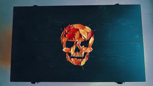 Skull constructed from vibrant autumn leaves against a dark moody background evokes mortality