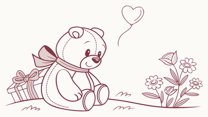 Adorable teddy bear with heart balloon and gifts, a sweet illustration for kids' products, greeting cards, invitations or charming birthday designs