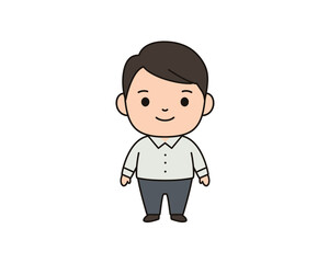 Charming kawaii style cartoon man standing confidently wearing a collared shirt and pants isolated on white background