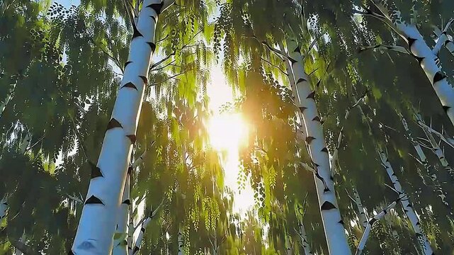 Sunlight shines through a dense birch tree forest canopy creating a peaceful atmosphere