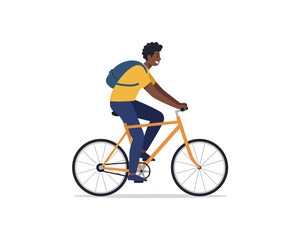Obraz premium Young black man with backpack riding a bicycle on a white background enjoying outdoor activity and healthy lifestyle