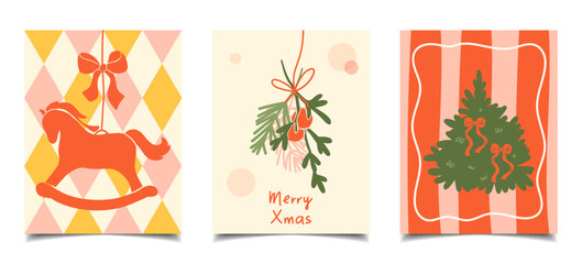 Vintage hand drawn Christmas cards. Minimalistic modern postcards for the winter holidays. Christmas tree, horse, bows, decor. Vector illustration