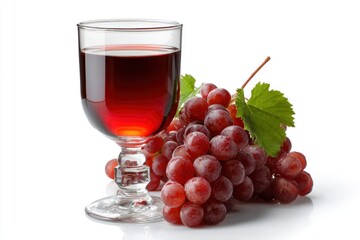 Red grapes sit beside a clear glass filled with dark red juice on a white surface