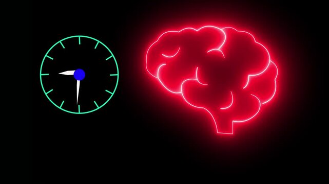 Neon Glowing Brain and Clock Symbolizing Time Management and Mental Productivity.with a glowing  brain and neural connections against a dark background.