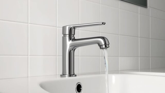 A modern chrome faucet with running water in a clean, white tiled bathroom sink. The design is sleek and contemporary, ideal for home improvement themes.