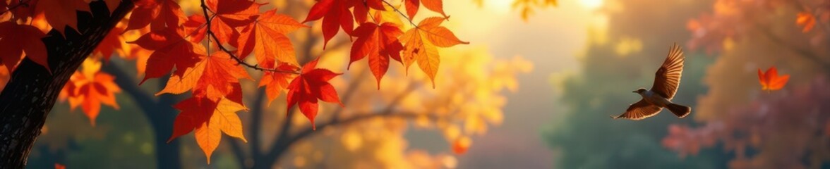 Fototapeta premium Vibrant autumn leaves swirling down; a lone bird in flight , wood, art, autumn