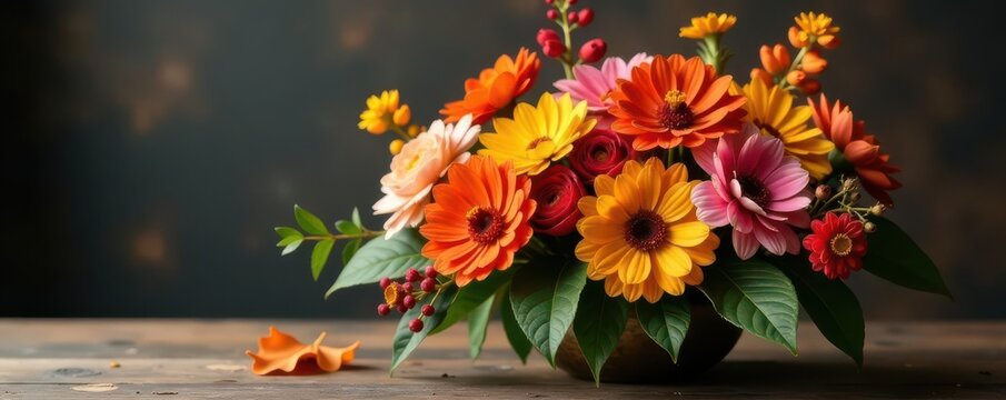 Vibrant autumnal centerpiece with varied blooms , elegant, gold