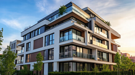Obraz premium Contemporary city apartment with large glass windows and private balconies, offers sunlight and comfort