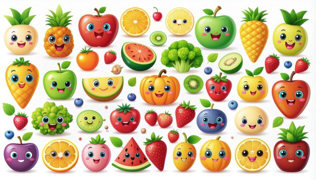 An assortment of cartoon fruit and vegetables with cute, smiling faces arranged on a white background.