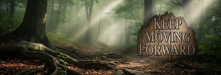 An enchanting forest scene with sunbeams filtering through the trees and the encouraging words keep moving forward displayed on a wooden sign