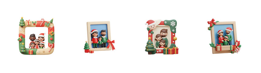 Naklejka premium Four Christmas themed 3D illustrations of families in festive frames featuring gifts and trees isolate