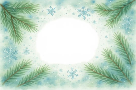 Winter festive watercolor frame featuring pine branches and snowflakes with a transparent background for design