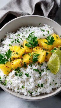 Vegan coconut rice bowl with fresh pineapple, lime and cilantro, bright summer vibe, space for text,