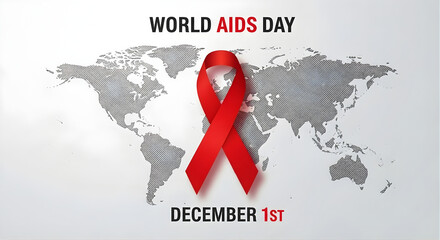 World AIDS Day December 1st. Banner with red ribbon and text World Aids Day on gray map background, world aids day, World AIDS Day Banner, Red ribbon of the world aids day vector banner, Aids Awarene