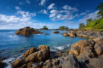 Rocky coastline with blue water small islands trees and a blue sky with scattered clouds