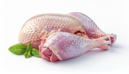 Raw chicken, prepared for cooking, with fresh basil leaves.