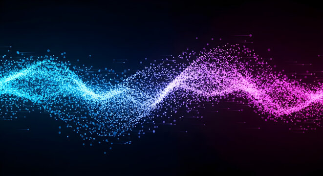 Abstract glowing wave of neon blue and pink particles flowing dynamically in a dark void, symbolizing digital energy and futuristic movement in a vibrant cosmic display - Powered by Adobe