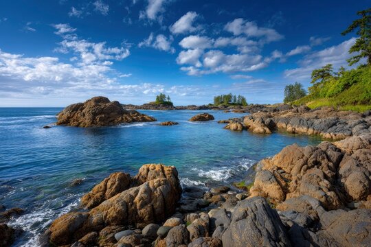 Rocky coastline with blue water small islands trees and a blue sky with scattered clouds