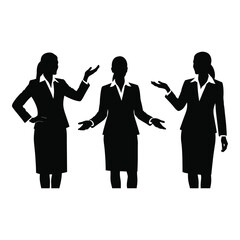 Three professional businesswomen silhouettes in various presentation poses, wearing formal suits, symbolizing leadership, guidance, and communication for corporate success.