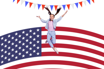 Creative picture collage poster of happy kid girl levitating on american flag background for 4th july