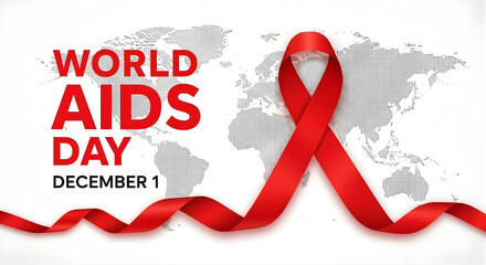 World AIDS Day December 1st. Banner with red ribbon and text World Aids Day on gray map background, World AIDS Day Banner, Red ribbon of the world aids day vector banner,Aids Awareness. World Aids Day