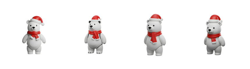 Four 3D rendered polar bears wearing Santa hats and red scarves Christmas transparent background