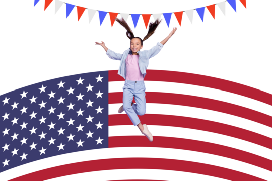 Creative picture collage poster of happy kid girl levitating on american flag background for 4th july