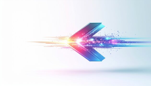 Abstract arrow shape with vibrant light trails and particle effects, moving forward.