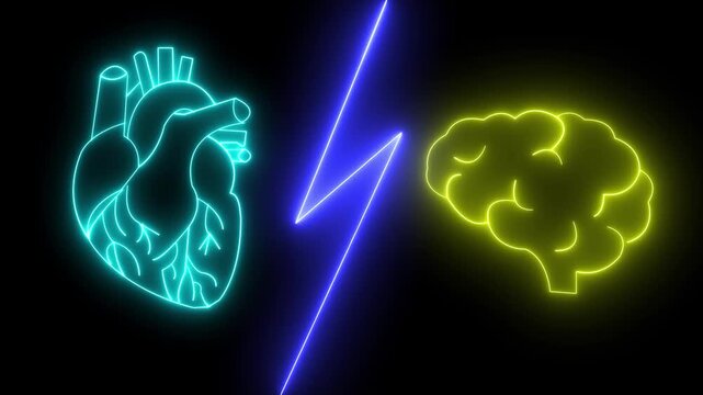 A glowing blue illustration of a human brain with an adjacent heartbeat line.with a glowing pink brain and neural connections against a dark background.