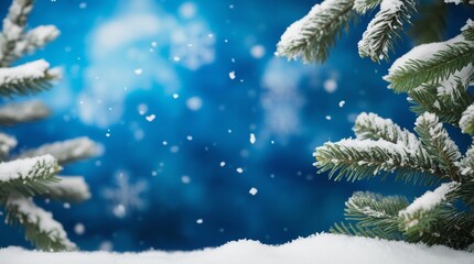Festive winter background with fluffy snow and Christmas tree branches. Template for Christmas and New Year cards and banners. Copy space.