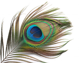 Fototapeta premium Stunning peacock feather showcases vibrant iridescent eye pattern with intricate details and natural beauty on a clean white background