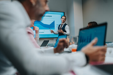 Collaborative office scene with a presenter explaining data on a large screen to a attentive team.