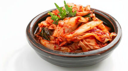 Head-up view of the Korean kimchi bowl scene, dark brown pottery and red and white kimchi form a color collision, the edge of the leaves retains a moist luster, the background is pure white without in
