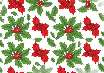 Christmas Pattern with Poinsettias and Holly Leaves