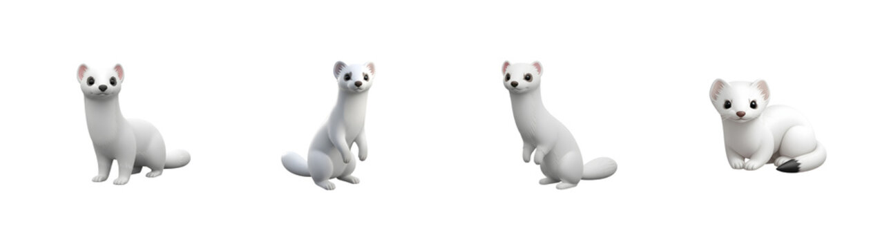Four white ermine stoats in different poses isolate animal mammal wild
